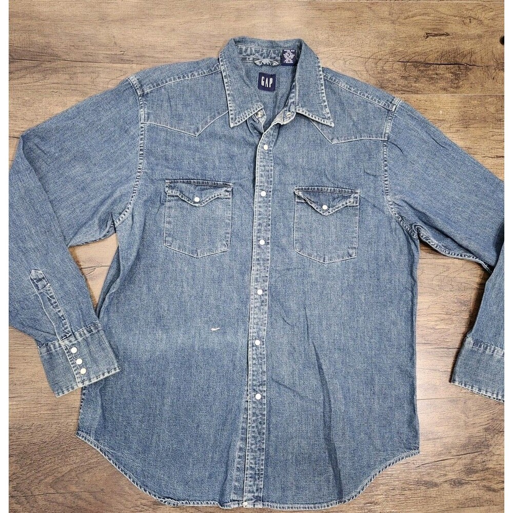 Vintage Gap Western Shirt Mens L Denim Pearl Snap Button Up